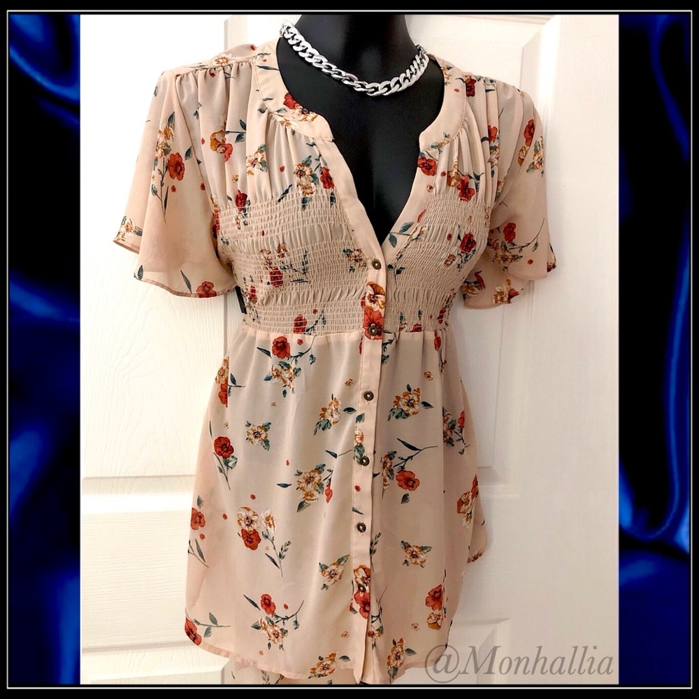 Romantic Rose Empire Baby Doll Floral Ruffle Sleeve Tunic Top Casual Blouse
